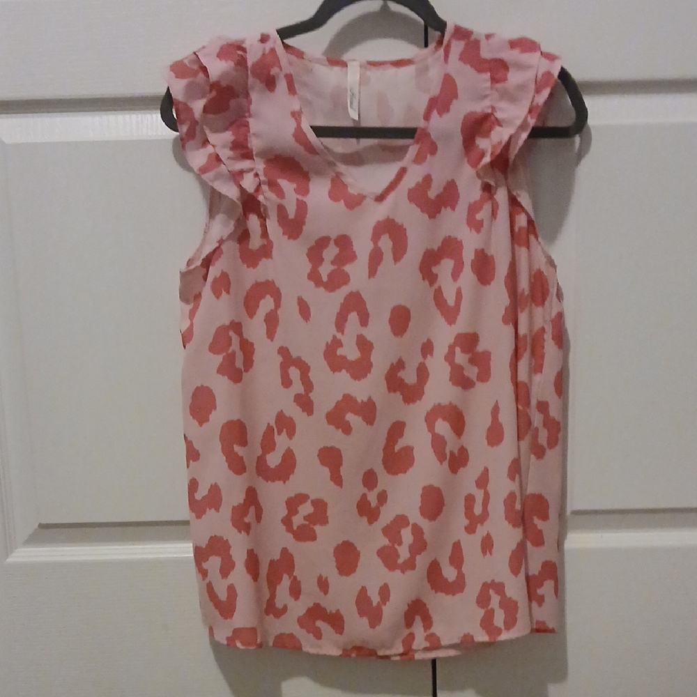 Pink Ruffle Sleeve Blouse with Leopard Print